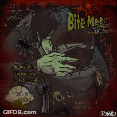 A Drawing Of A Man Hugging Another Man With The Words Bite Me On It GIF
