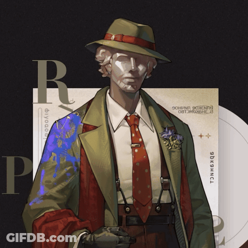 A Drawing Of A Man In A Hat And Tie With The Letter R In The Corner GIF