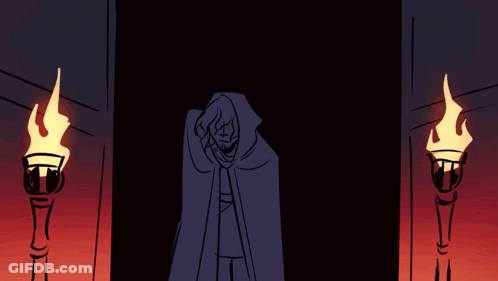 A Drawing Of A Man In A Hood Standing In Front Of A Door GIF