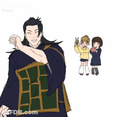A Drawing Of A Man In A Kimono Standing Next To Two Little Girls GIF