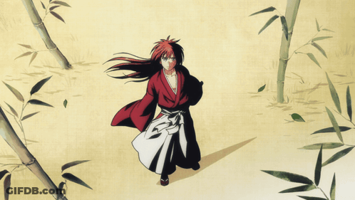 A Drawing Of A Man In A Red Kimono Surrounded By Bamboo Trees GIF