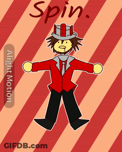A Drawing Of A Man In A Red Suit And Tie With The Word Spin Written Above Him GIF
