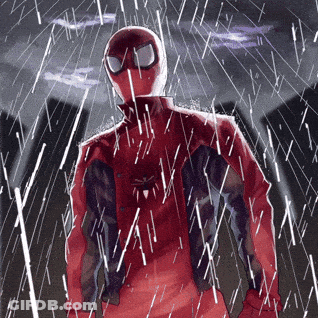 A Drawing Of A Man In A Red Suit In The Rain GIF