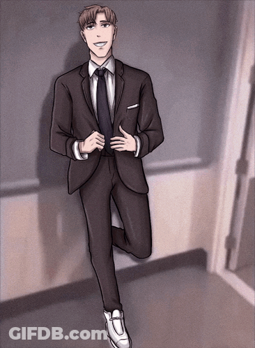 A Drawing Of A Man In A Suit Standing In A Hallway GIF