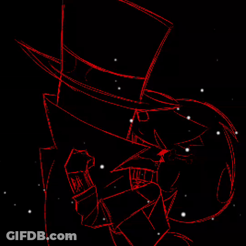 A Drawing Of A Man In A Top Hat With The Words " He Is Everything To Me I Love Black Hat " GIF