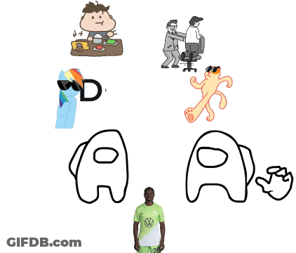 Man In VW Shirt Surrounded By Drawings And Die GIF