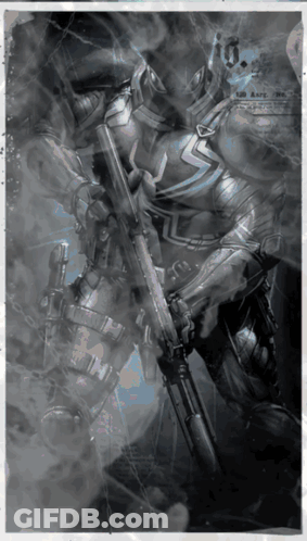 A Drawing Of A Man In Armor Holding A Gun With The Letter L On His Chest GIF