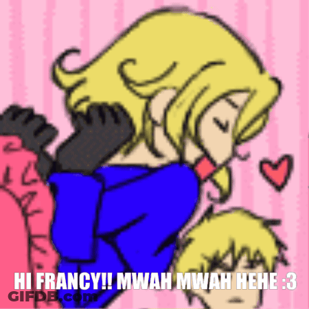 A Drawing Of A Man Kissing A Woman With The Words Hi Francy GIF