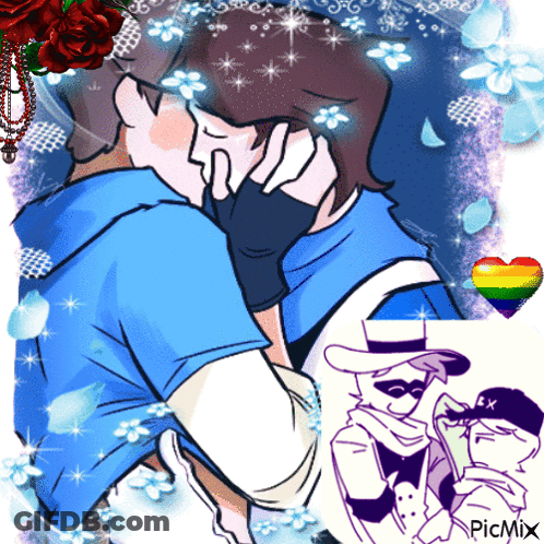 A Drawing Of A Man Kissing Another Man With A Rainbow Heart In The Background GIF