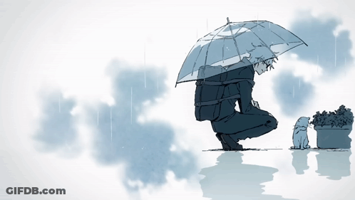 A Drawing Of A Man Kneeling Under An Umbrella With A Cat GIF