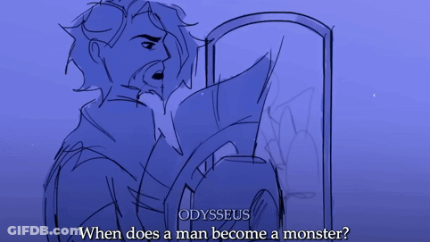 A Drawing Of A Man Looking At Himself In A Mirror With The Words Odysseus Written Above It GIF