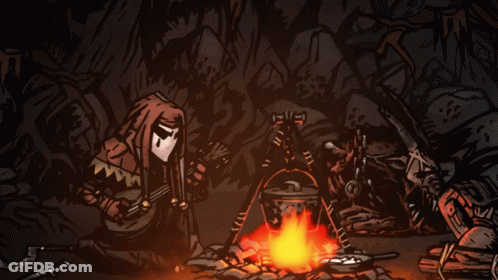 A Drawing Of A Man Playing A Banjo And A Woman Cooking Over A Fire GIF