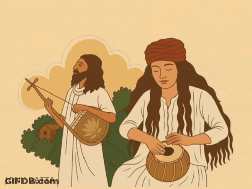 A Drawing Of A Man Playing A Musical Instrument And A Woman Playing A Drum With The Name Jony Datta On The Bottom GIF
