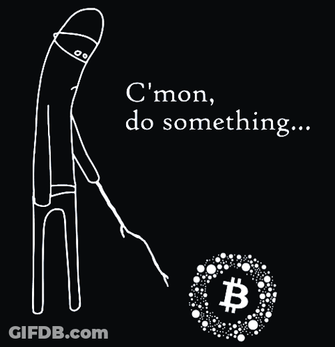 A Drawing Of A Man Pulling A Bitcoin On A Leash With The Words " C'mon Do Something " Below Him GIF