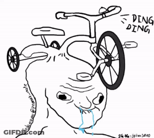A Drawing Of A Man Riding A Bicycle With The Words Ping Ding Written On The Bottom GIF