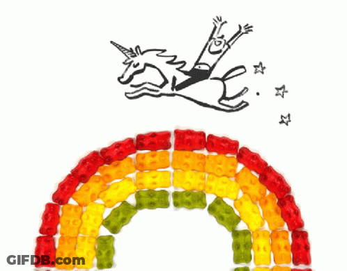 A Drawing Of A Man Riding On The Back Of A Unicorn Made Of Gummy Bears GIF