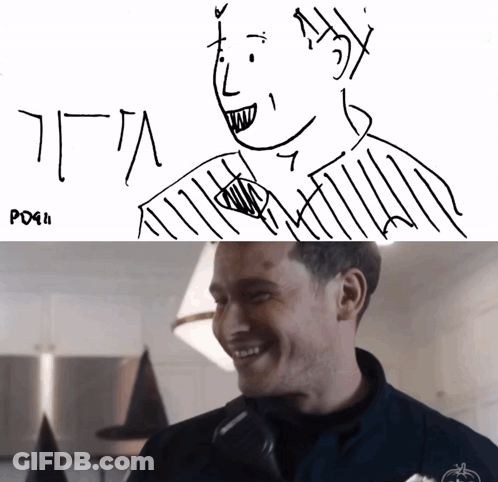 A Drawing Of A Man 'S Face And A Picture Of A Man Laughing GIF