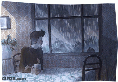 A Drawing Of A Man Sitting In Bed Looking Out A Window GIF