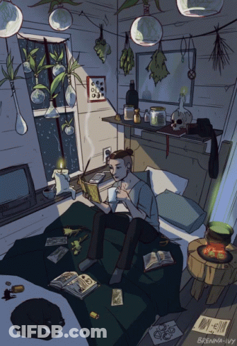 A Drawing Of A Man Sitting On A Bed Reading A Book By Brenna Ivy GIF