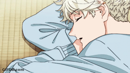 A Drawing Of A Man Sleeping On A Bed With A Blue Blanket GIF