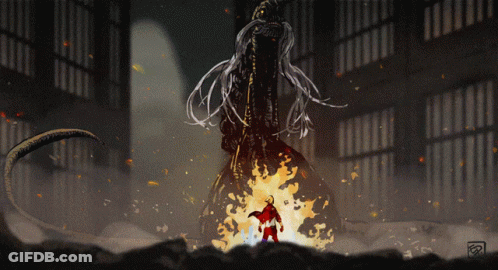 A Drawing Of A Man Standing In Front Of A Monster With The Letter R On The Bottom Right GIF