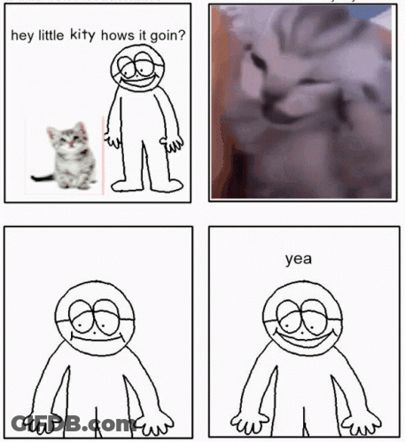 A Drawing Of A Man Standing Next To A Kitten With The Words Hey Little Kitty Hows It Goin GIF