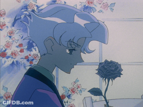 A Drawing Of A Man Standing Next To A Rose With Roses In The Background GIF