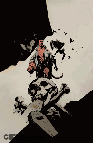 A Drawing Of A Man Standing On Top Of A Skull With A Coffin In The Background GIF
