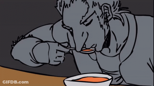 A Drawing Of A Man Taking A Spoonful Of Soup GIF