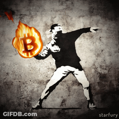 A Drawing Of A Man Throwing A Fireball With A Burning Bitcoin Symbol GIF