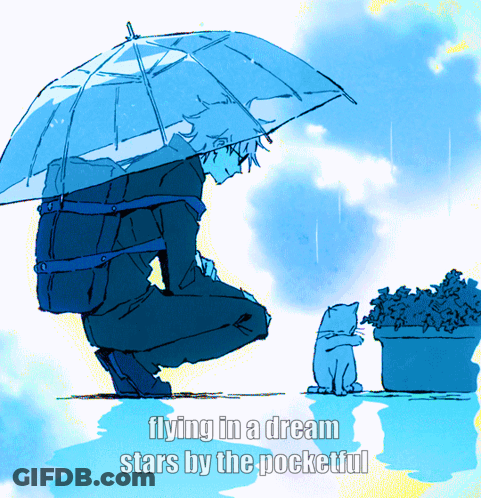 A Drawing Of A Man Under An Umbrella With The Words Flying In A Dream Stars By The Pocketful Below Him GIF