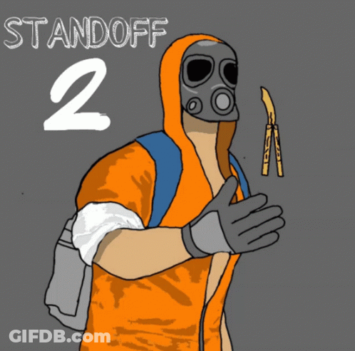 A Drawing Of A Man Wearing A Gas Mask And Holding A Knife With The Number 2 Above Him GIF