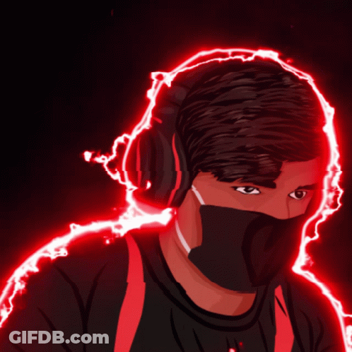 A Drawing Of A Man Wearing Headphones And A Mask With Red Lightning Behind Him GIF