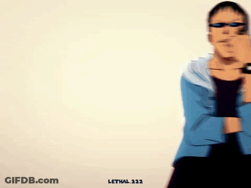 A Drawing Of A Man Wearing Sunglasses And A Blue Jacket With The Words Lethal.122 On The Bottom GIF