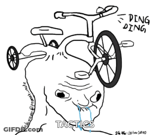 A Drawing Of A Man With A Bicycle On His Head With The Words Tactics Below It GIF