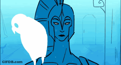 A Drawing Of A Man With A Blue Helmet And A White Bird Behind Him GIF