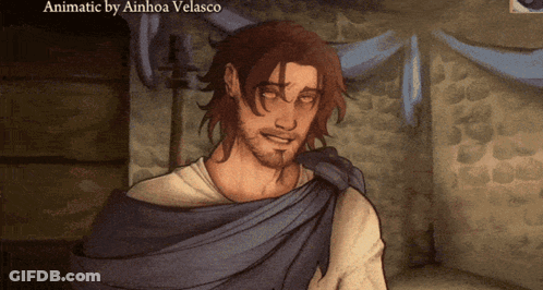 A Drawing Of A Man With A Blue Scarf Around His Neck And The Words Animatic By Ainhoa Velasco GIF