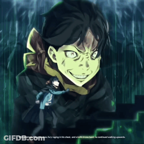A Drawing Of A Man With A Knife In His Hand And The Words " With Madness Filling His Eyes " GIF