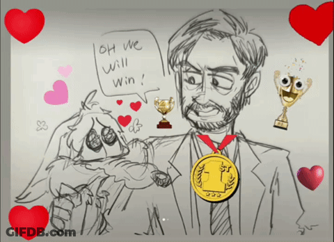 A Drawing Of A Man With A Medal Around His Neck And A Speech Bubble That Says Oh We Will Win GIF