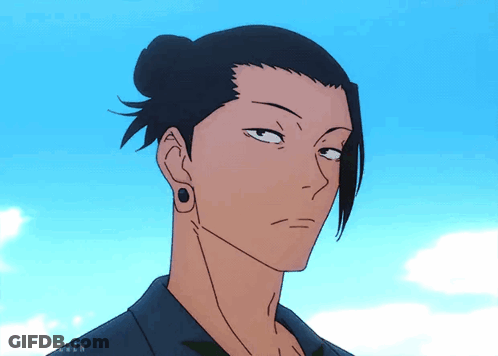A Drawing Of A Man With A Ponytail And Ear Piercings GIF