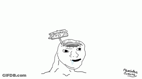 A Drawing Of A Man With A Sign On His Head That Says " Bottomless Pit " GIF