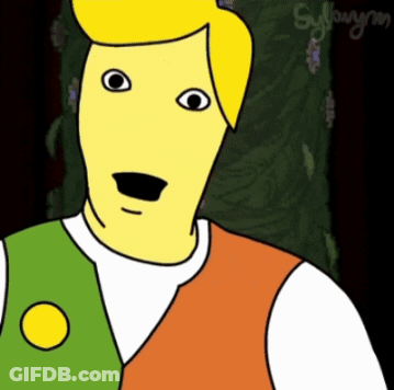 A Drawing Of A Man With A Yellow Face And A Green And Orange Vest GIF