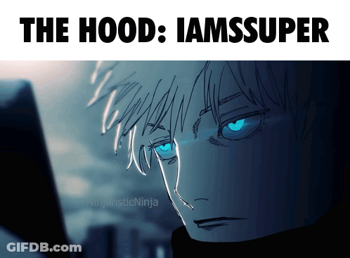 A Drawing Of A Man With Blue Eyes And The Words The Hood Iamssuper GIF