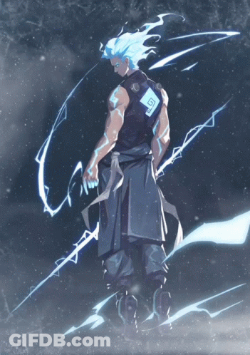 A Drawing Of A Man With Blue Hair And A G On His Back GIF