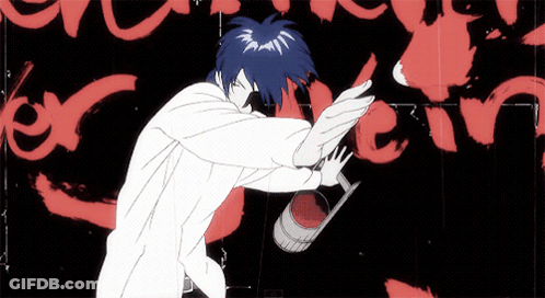 A Drawing Of A Man With Blue Hair Holding A Barrel GIF