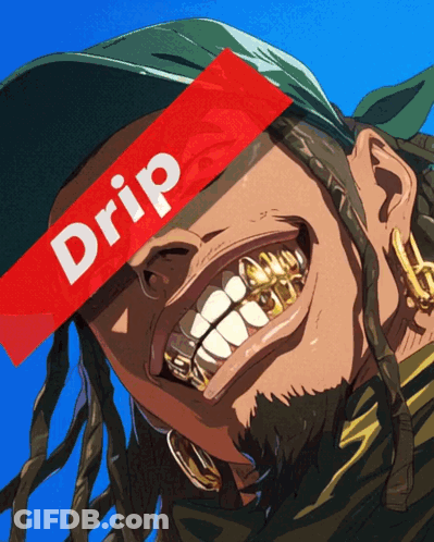 A Drawing Of A Man With Dreadlocks And Gold Teeth With The Word Drip Above His Head GIF