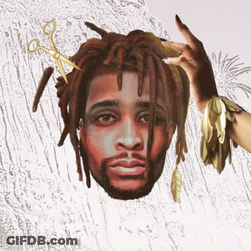 A Drawing Of A Man With Dreadlocks And Scissors In His Hair GIF