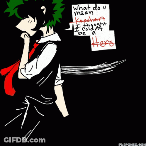 A Drawing Of A Man With Green Hair And A Note That Says What Do U Mean Kacchan GIF