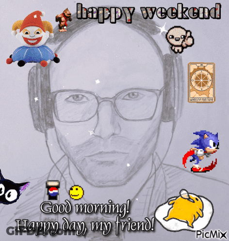 A Drawing Of A Man With Headphones And The Words Happy Weekend On The Top GIF