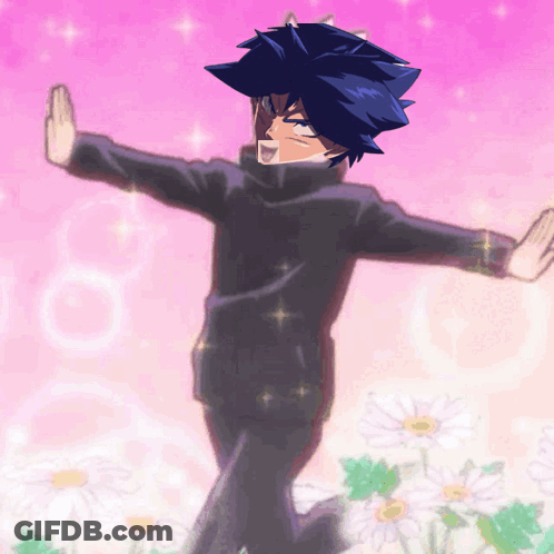 A Drawing Of A Man With His Arms Outstretched In Front Of Flowers GIF